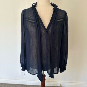 Zara Sheer Navy Blouse with Ruffle Details